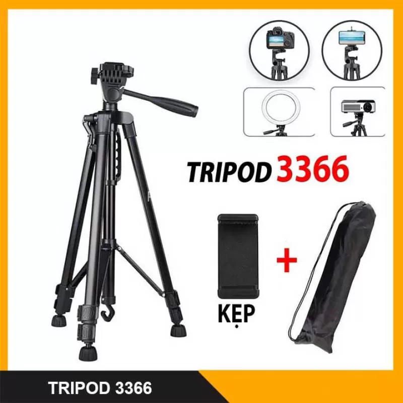 Chân Giá Đỡ Điện Thoại, Máy Ảnh Tripod 3366 Cao 140cm Kèm Đầu Kẹp Và Túi Đựng 