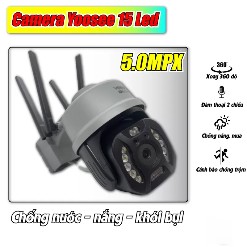 Camera IP Yoosee Ngoài Trời PTZ 5.0Mpx 15 Led 4 Râu Hồng Ngoại, Ban Đêm Có Màu Xoay 360 Độ Chống Nước Đàm Thoại 2 Chiều Kèm Adapter + Giá Đỡ 