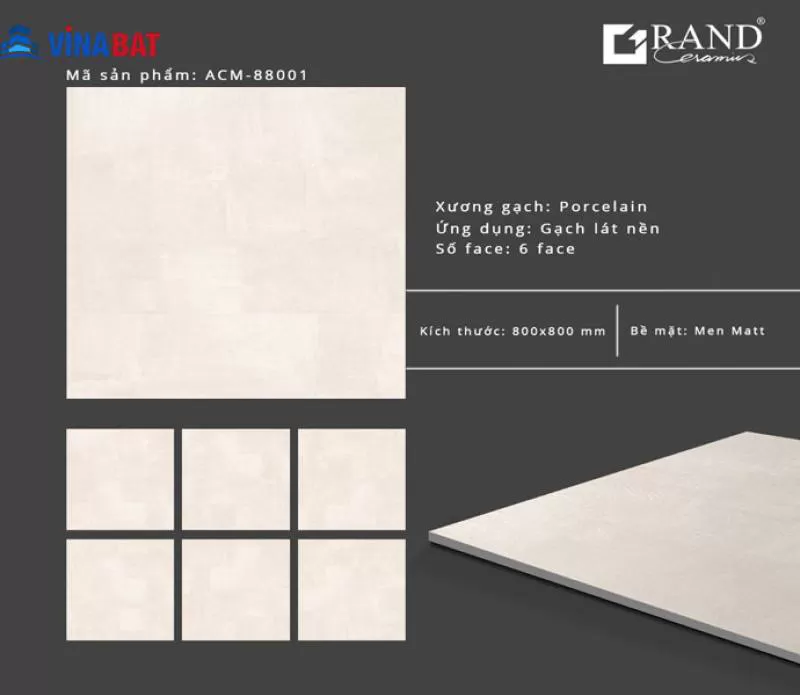 Gạch ốp lát Grand 80x80cm ACM88001 màu kem men matt 