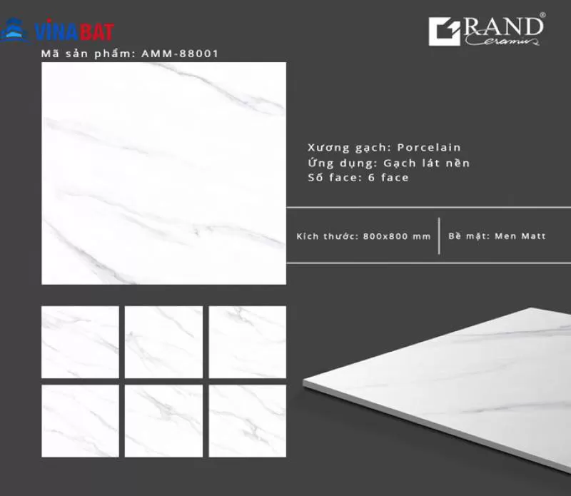 Gạch ốp lát Grand 80x80cm AMM88001 trắng khói mờ