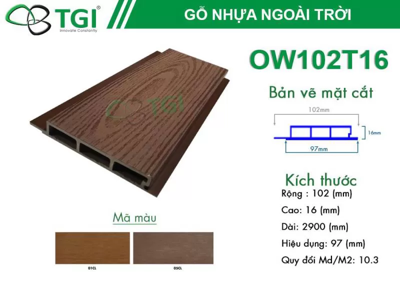 Lam gỗ Nhựa Ngoài Trời OW102T16 