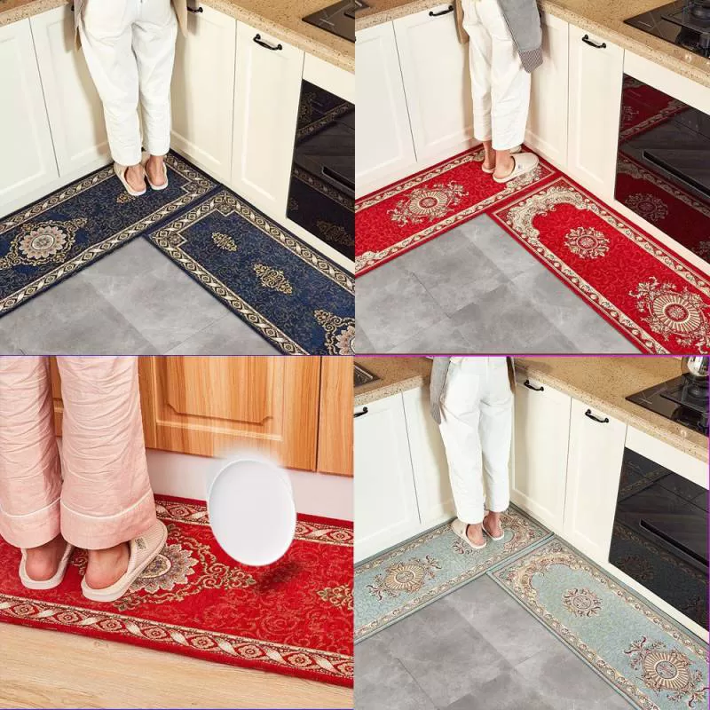 Thảm Bếp Set 2 Thảm Nhung Dệt Sợi Jacquard Dày Thấm Nước Thấm Dầu Hoa Văn Cổ Điển