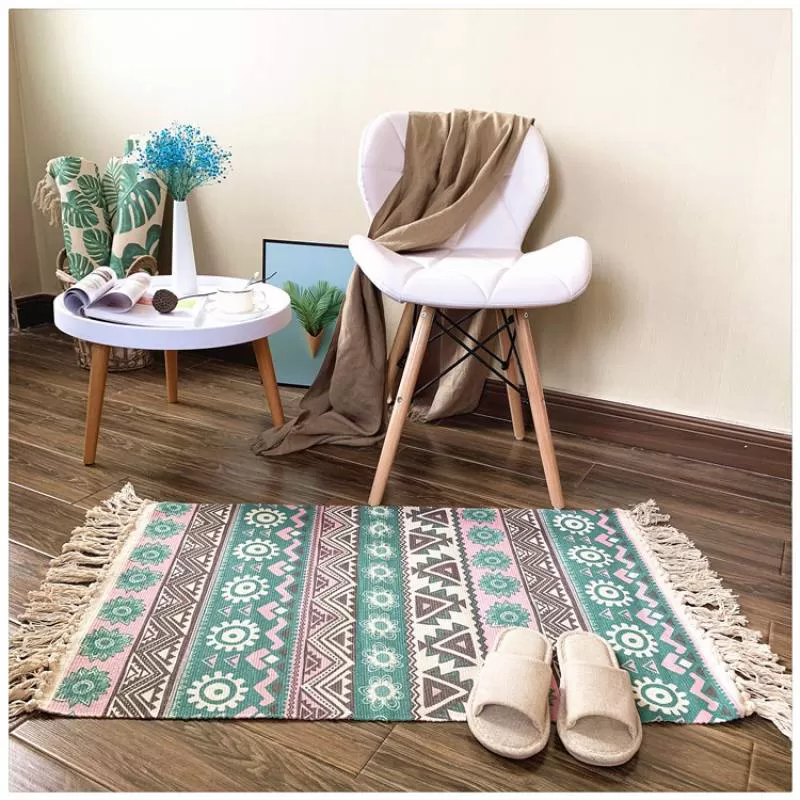 Thảm Trải Sàn Tua Rua Canvas Trang Trí Nordic – Hoa Văn Xanh 