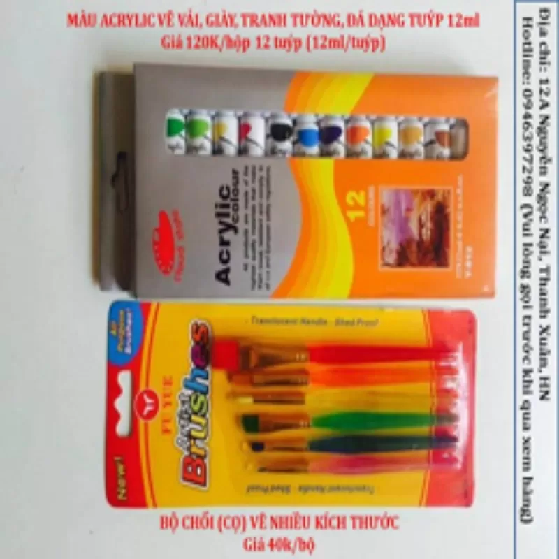 Set Màu acrylic 12 tuýp vẽ vải, giấy + chổi vẽ 