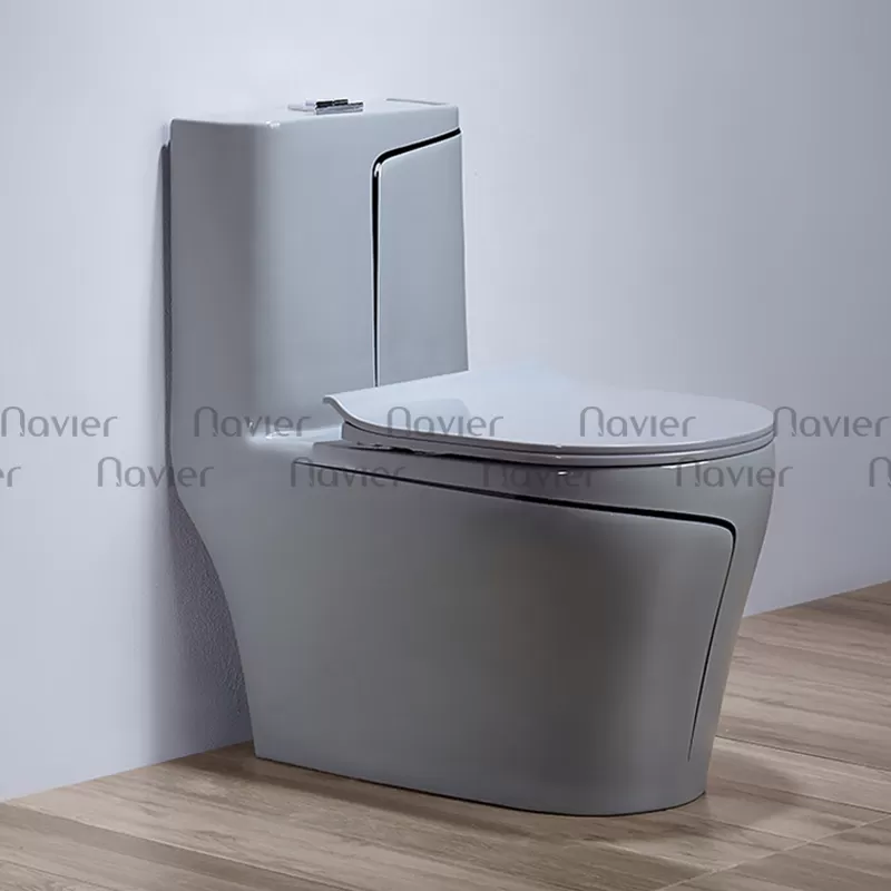 Bồn Cầu 1 Khối Navier Xám Viền Đen NV-1008XMĐ Cao Cấp 