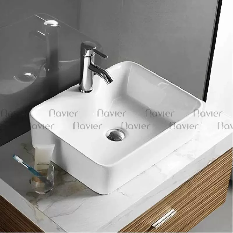 Chậu lavabo vuông đặt bàn sứ trắng chính vòi Navier NV-403
