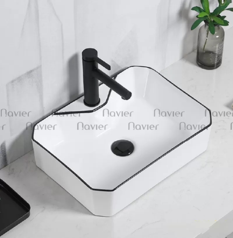 Lavabo Đặt Bàn Trắng Vuông Viền Đen Tích Hợp Lỗ Vòi Navier NV-353 