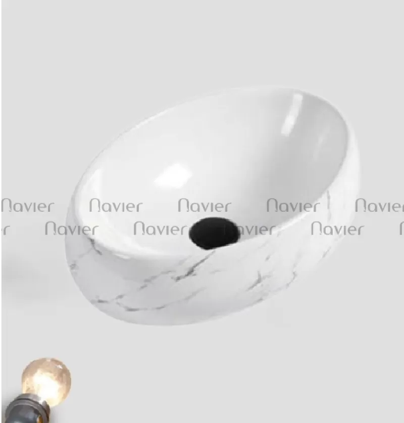 Chậu Rửa Mặt Đặt Bàn Oval Trắng Vân Mây Navier NV-419VM 