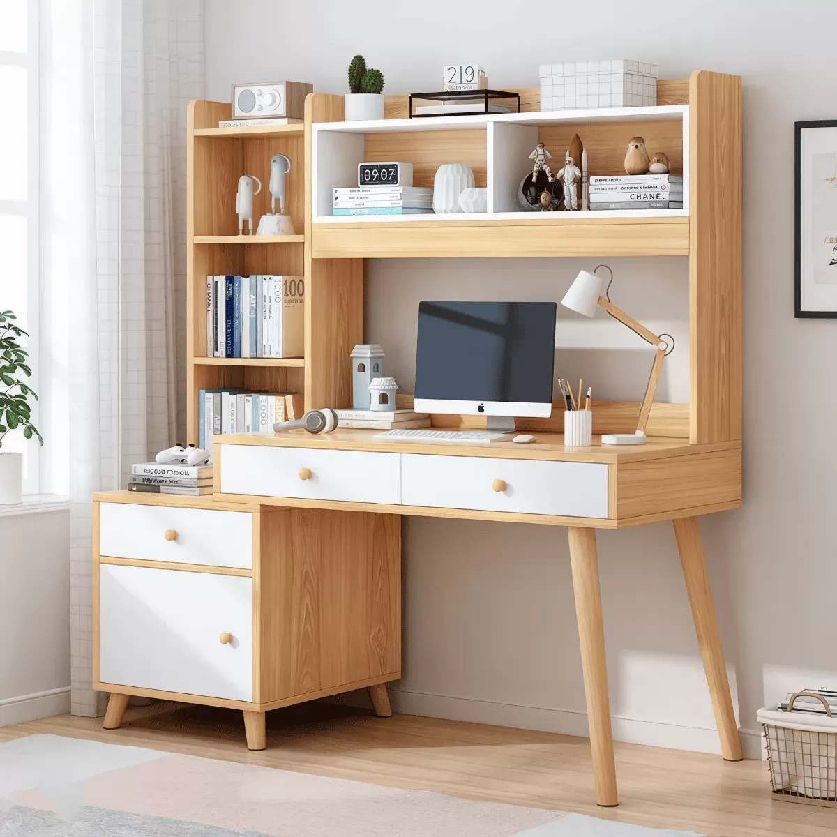 Mẫu Bàn Học Sinh Bằng Gỗ Đẹp Liền Giá Sách Kèm Tủ Nhỏ Hiện Đại