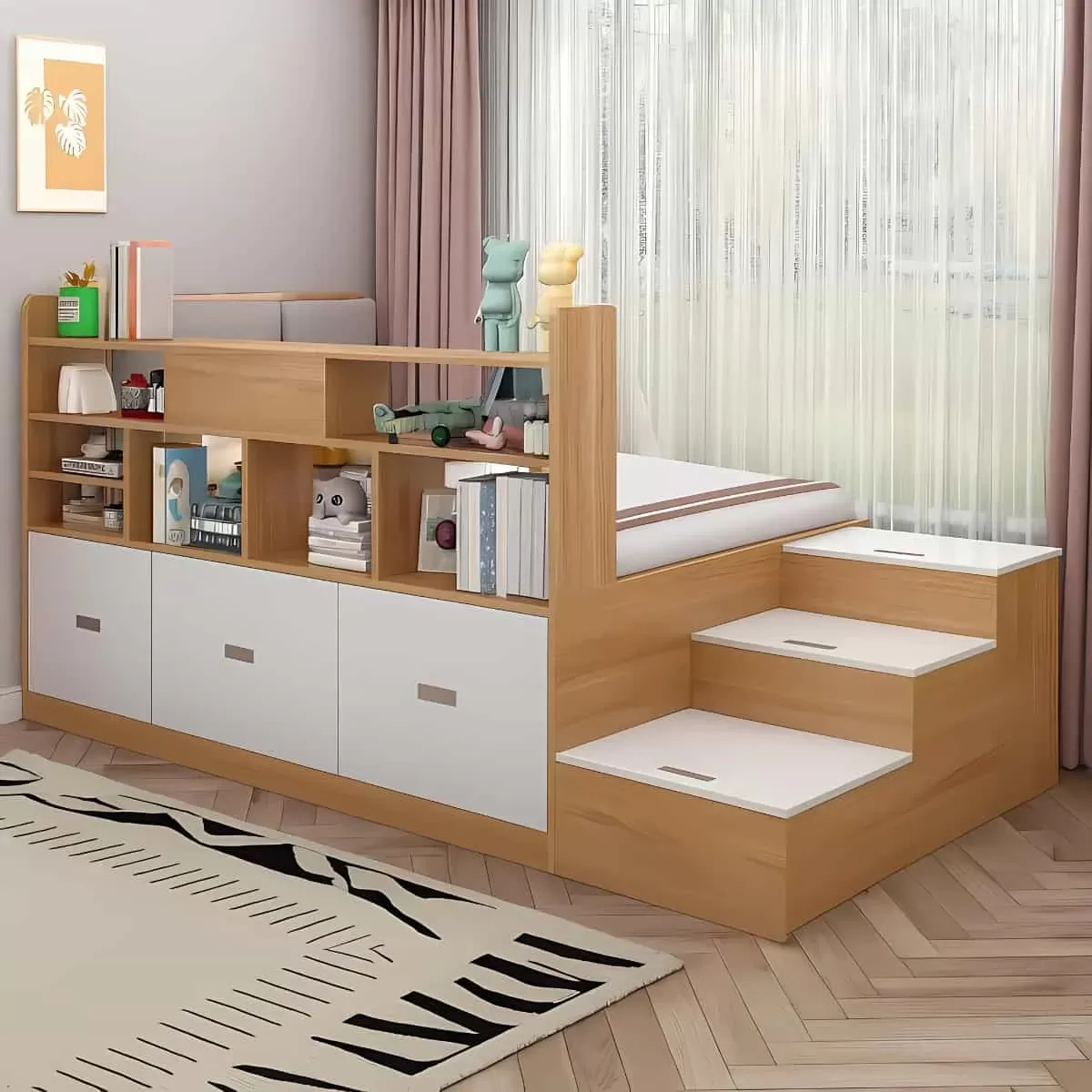 Giường Có Cầu Thang Kết Hợp Tủ Đựng Đồ Hiện Đại Đa Năng