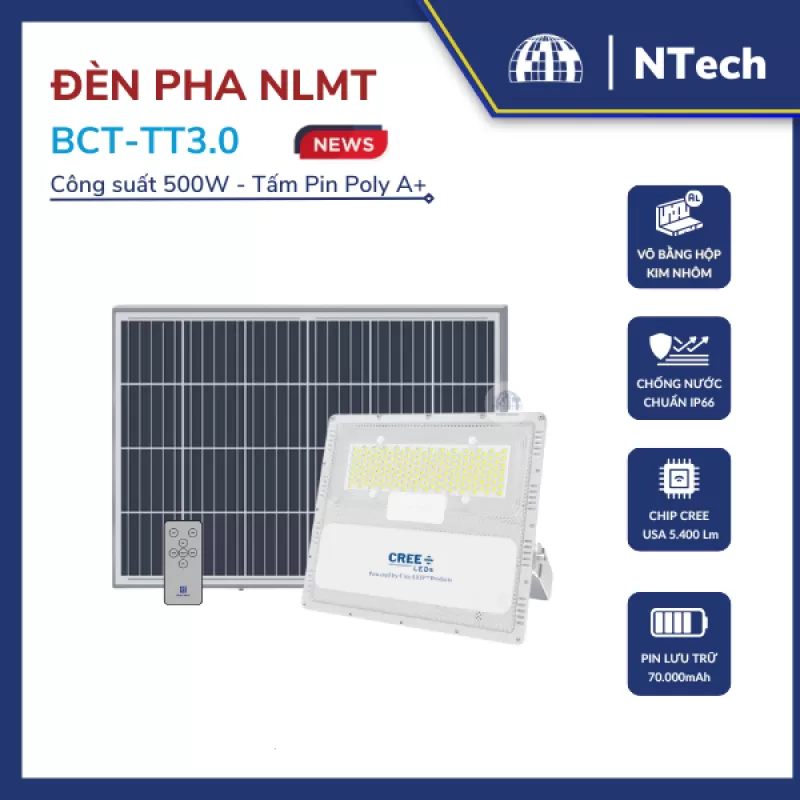 Đèn led năng lượng mặt trời 500w Blue Carbon BCT-TT3.0