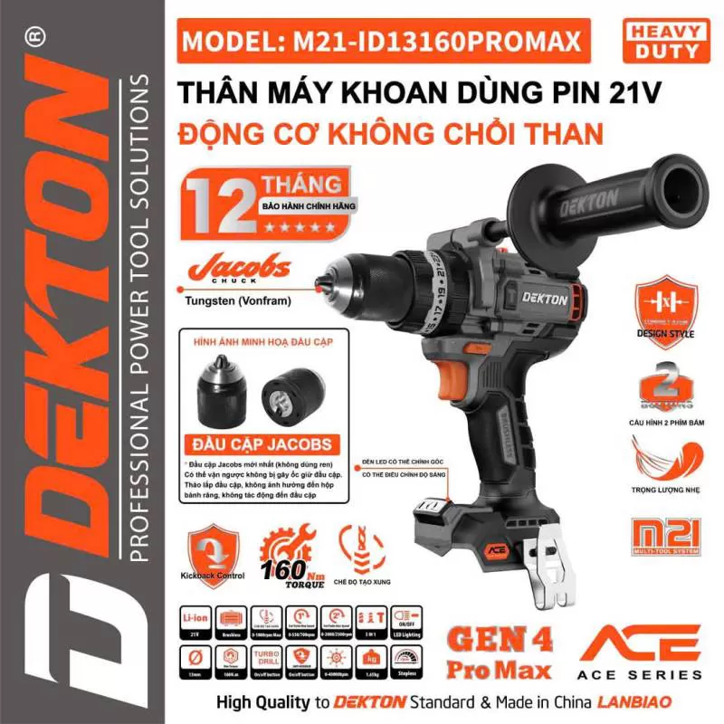 Máy khoan pin 21V động cơ không chổi than DEKTON M21-ID13160PROMAX
