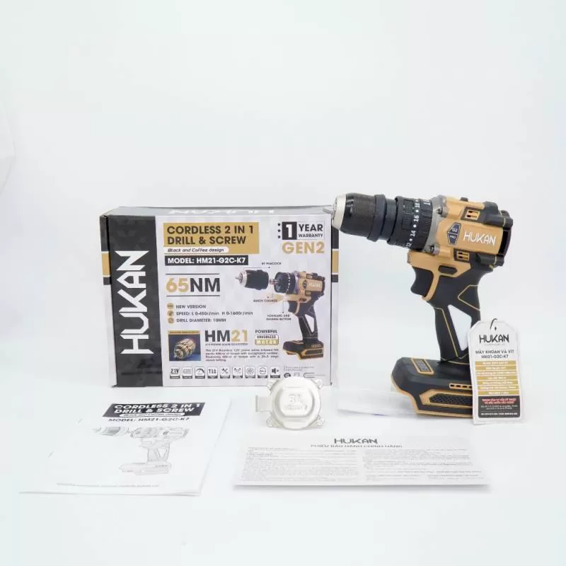 Máy khoan pin kèm bắn vít HUKAN HM21-G2C-K7, Không Chổi Than, 3 Chức Năng, , 10mm, Đầu kẹp Peacock