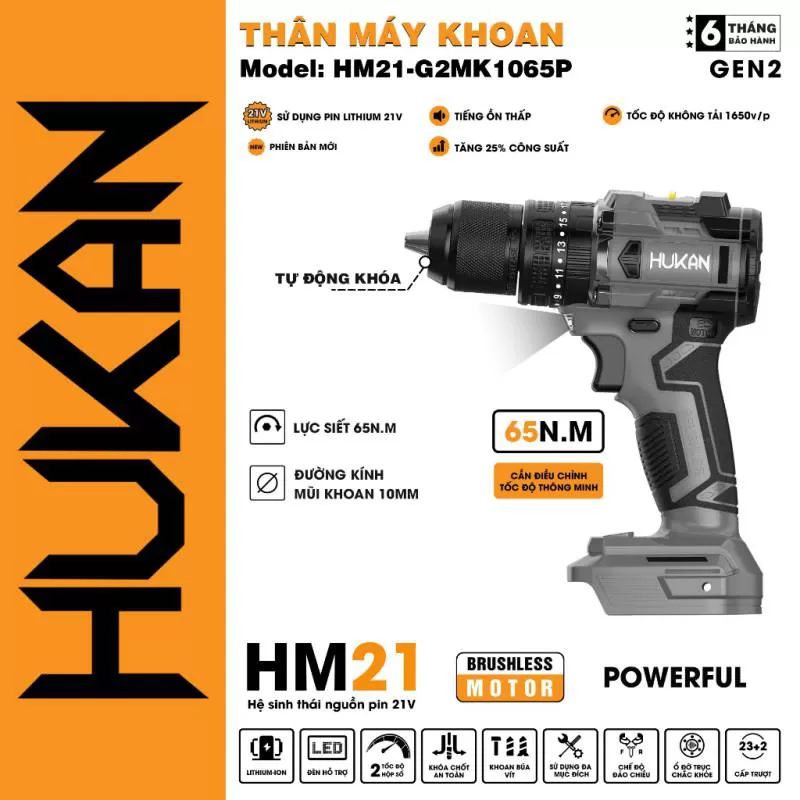 Máy khoan pin HUKAN HM21-G2MK1065P, 3 chức năng,10mm, Lực siết 65Nm, Có khóa trục