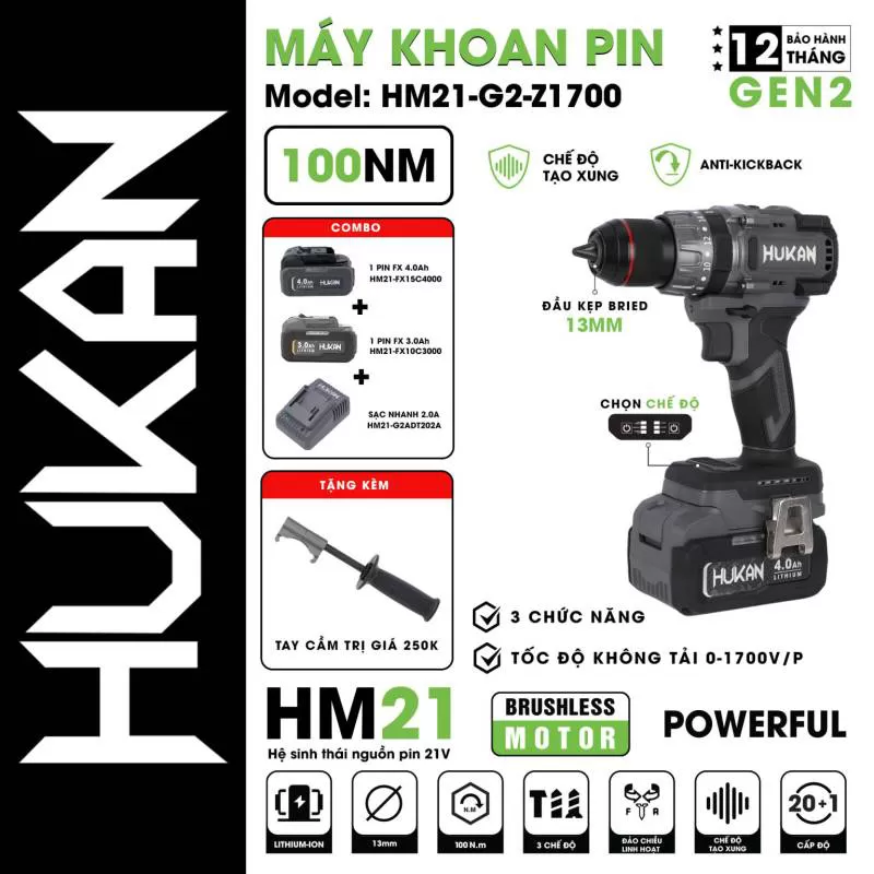 Máy khoan pin 13MM HUKAN HM21-G2-Z1700 | AN TOOLS