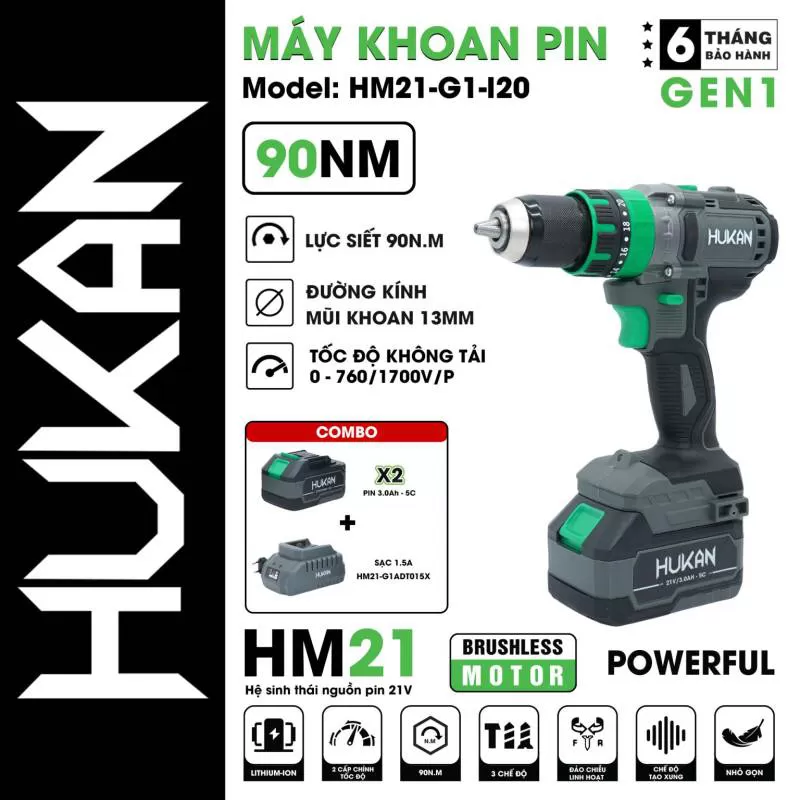 Máy khoan pin 13MM (GEN 1) HUKAN HM21-G1-I20 | AN TOOLS