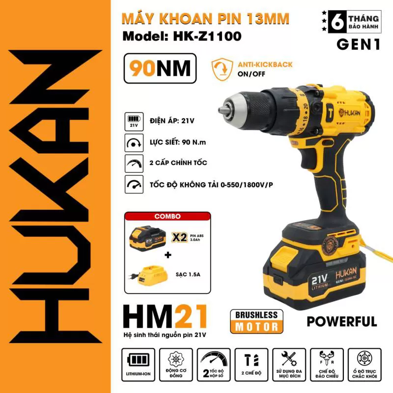 Máy khoan pin 13MM (đầu autolock) HUKAN HK-Z1100 | AN TOOLS
