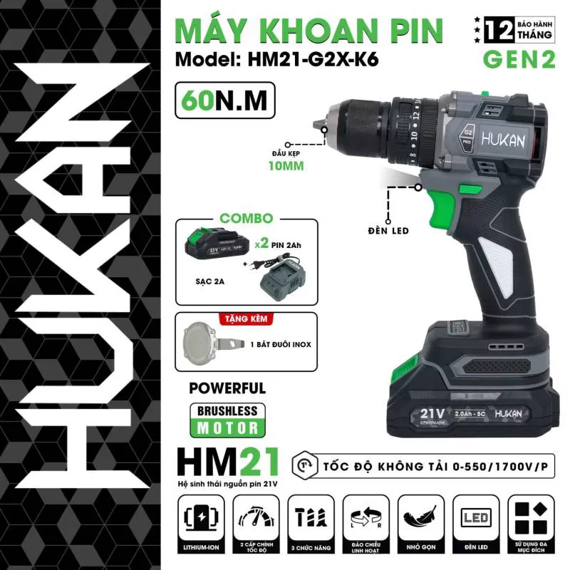 Máy khoan pin 3 chức năng 10MM HUKAN HM21-G2X-K6 | AN TOOLS