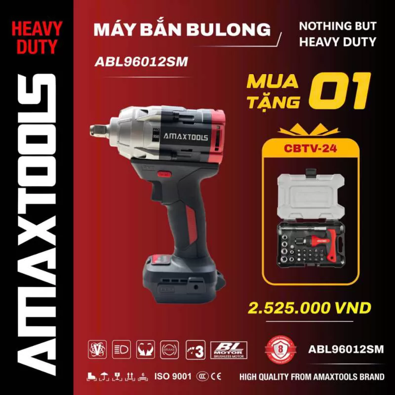 Máy siết bulong AMAXTOOLS pin phổ thông 21V ABL96012SM lực siết lớn 960Nm Đầu 1/2