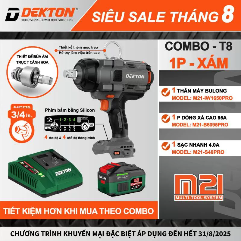 Máy siết bulong đầu 3/4 inch 1650Nm dùng pin phổ thông Dekton M21-IW1650PRO