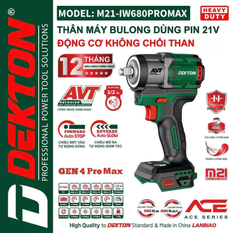 Máy bu lông iw680promax 680Nm pin 21V động cơ không chổi than DEKTON M21-IW680PROMAX