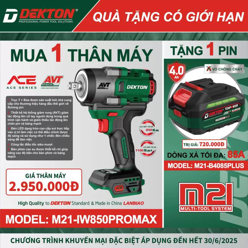 Máy bulong dùng pin 21V động cơ không chổi than DEKTON M21-IW850PROMAX