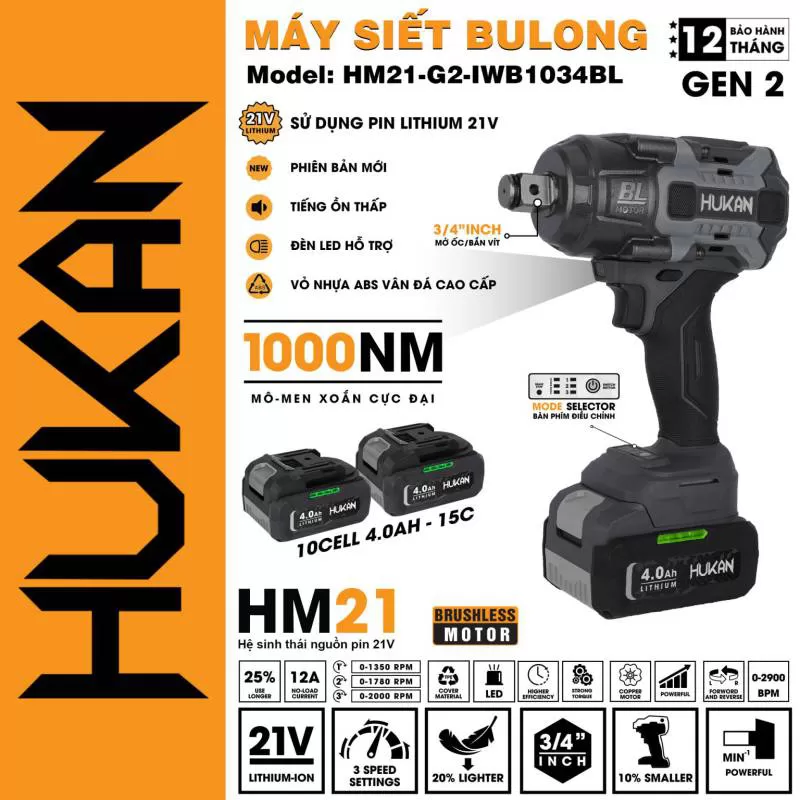 Máy siết bulong pin (GEN 2) HUKAN HM21-G2-IWB1034BL