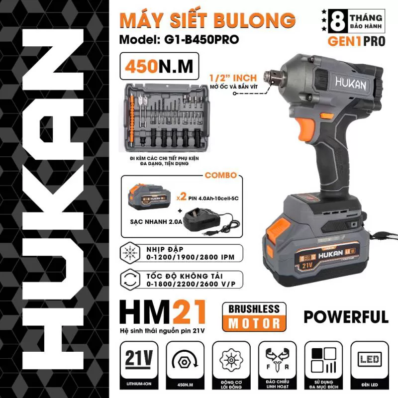 Máy siết bulong pin (đầu 1/2) HUKAN G1-B450PRO | AN TOOLS