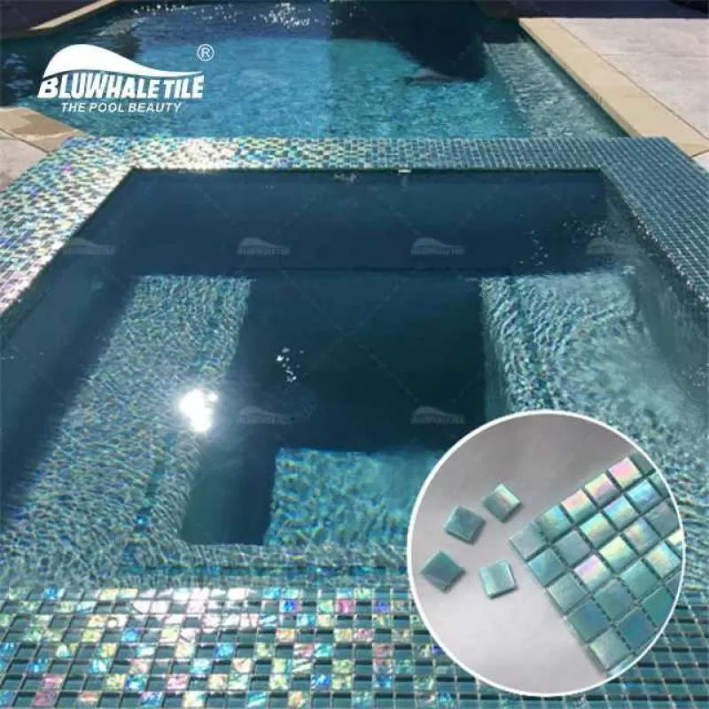 Bluwhale Bathroom Shower Spa Iridescent Tile Mosaic Hot Melt White Blue Color Square Iridescent Glass Swimming Pool Tile Mosaic
