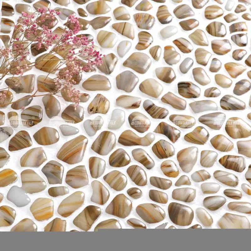 Modern Bathroom Shower Wall Floor Anti-Slip Light Brown Hot Melting Irregular Shape Swimming Pool Glass Pebble Tile Mosaic
