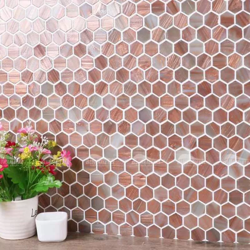 Waterproof Anti-Slip Rose Gold 1" Hot Melt Glass Hexagon Mosaic Tile for Bathroom Home Bar Swimming Pool Deck Villa Project