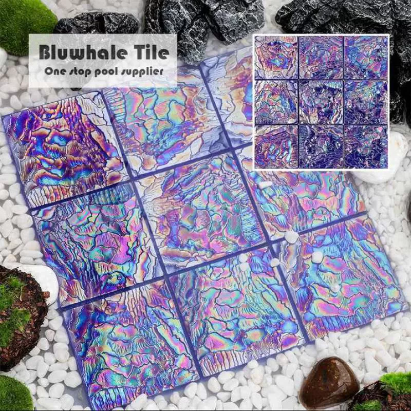 Bluwhale Tile 10mm Cobalt Blue Pool Tile Glass Mosaic Non Slip Square Rainbow Iridescent Clear Crystal Glass Swimming Pool Tiles