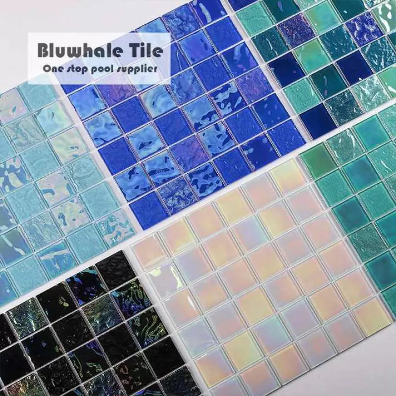 Bluwhale Tile One Stop Supplier Iridescent Crystal Swimming Pool Mosaic Glass Tiles Backsplash Square Pools Swimming Mosaic 
