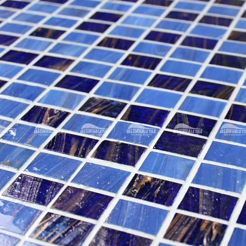 Luxury Hotel Villa Bathroom Shower Project 20x30mm Stackbond Golden Line Hot Melting Blue Mixed Glass Swimming Pool Mosaic Tile