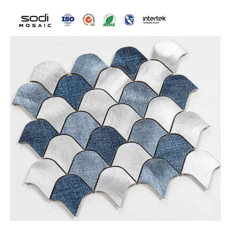 Hotel Project Retro Style Fish Scale Mixed Blue Coppery Ink-jet Printing Fan Shape Aluminium Metal Mosaic Tiles