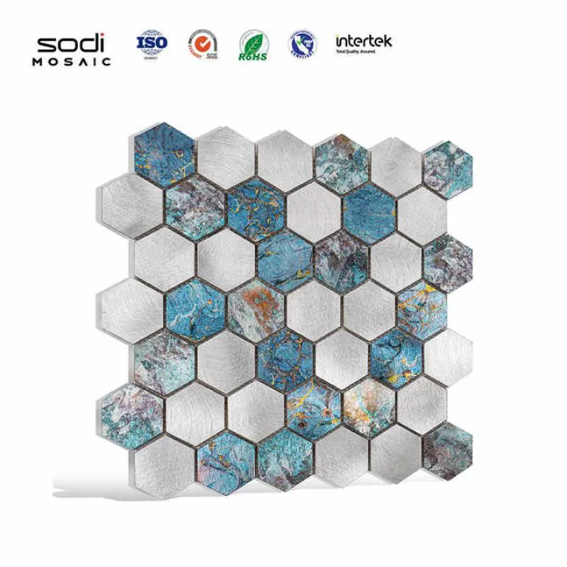 Bathroom Kitchen Bedroom Background Tile Waterproof Coppery Brown Aluminium Hexagon Metal Wall Mosaic