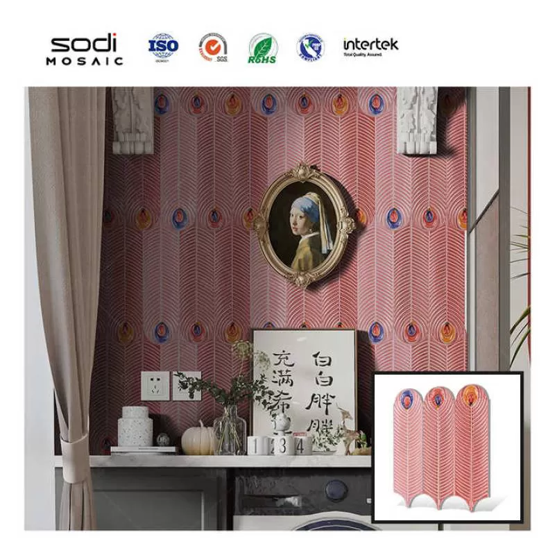 90x308 Bathroom Wall Glossy Peacock Feather Shape Handmade Subway Pink Ceramic Tile for Restaurant Hotel Decor
