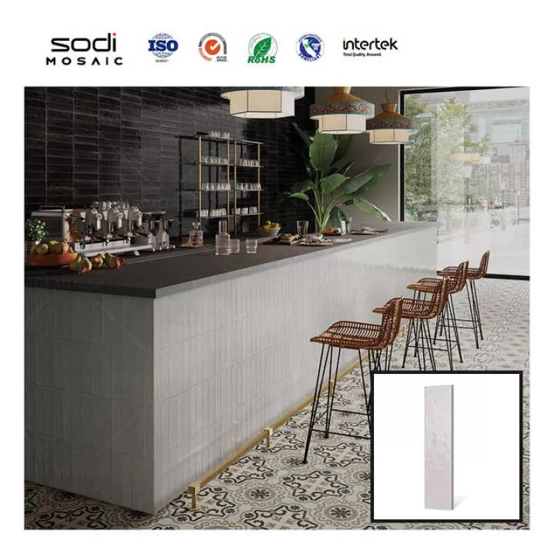 6x25cm Hotel Reception Counter Decor Black Handmade Subway Wall White Glazed Ceramic Tiles