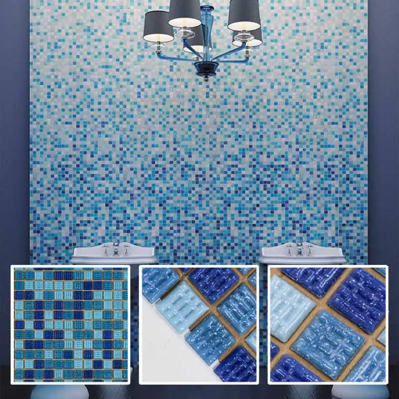 In Stock New Product Indoor and Outdoor Waterproof Mosaic Square Mix Blue Swimming Pool Glass Mosaic Tile