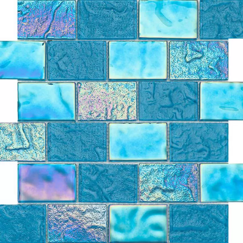 Foshan Swimming Floor Rainbow Blue Glass Decoration Mosaic Non-Slip Blue Shiny Mix Color Glass Swimming Pool Mosaic Tile