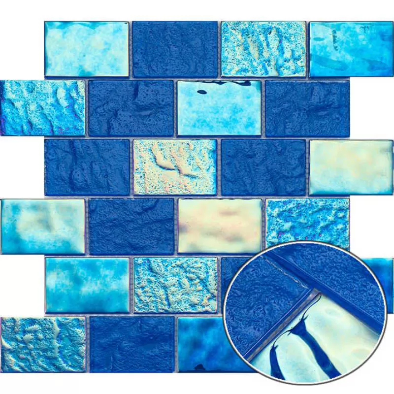 Easy Installation Iridescent Blue Color Crystal Wall Glass Mosaic Swimming Pool Rectangle Mosaic Glass Tile
