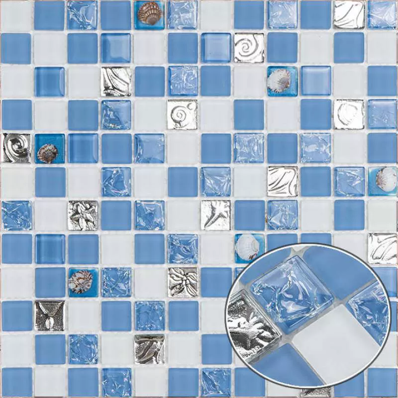 In Stock Square Mix Blue Shell Design Glass Mosaic Tile Bathroom Wall Swimming Pool Floor Tiles for Hotel