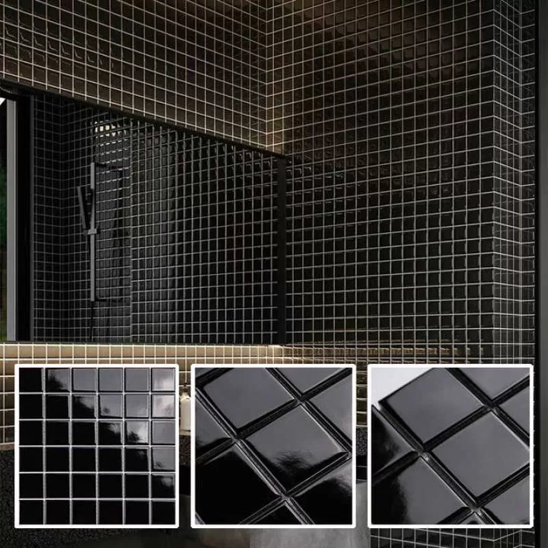 Modern-Style Black Glossy Porcelain Mosaic Tiles 306*306mm Square Kitchen Decorative Mosaic With Mesh Backing