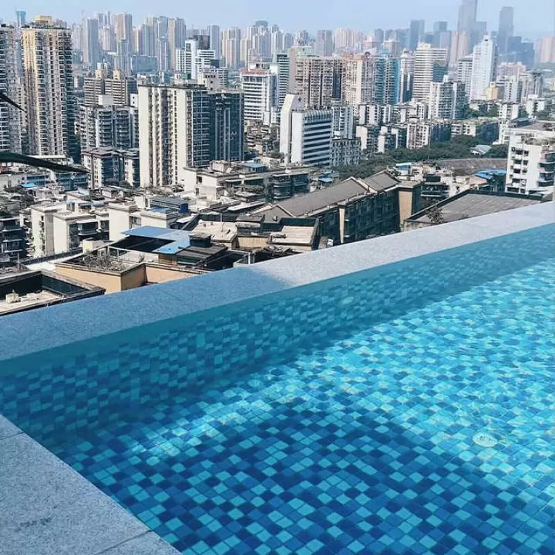 Cheap Price Foshan Sodimosaic Factory Bathroom Shower Backsplash Clear Glass Mosaic Tiles Swimming Pool Blue Mix Mosaico