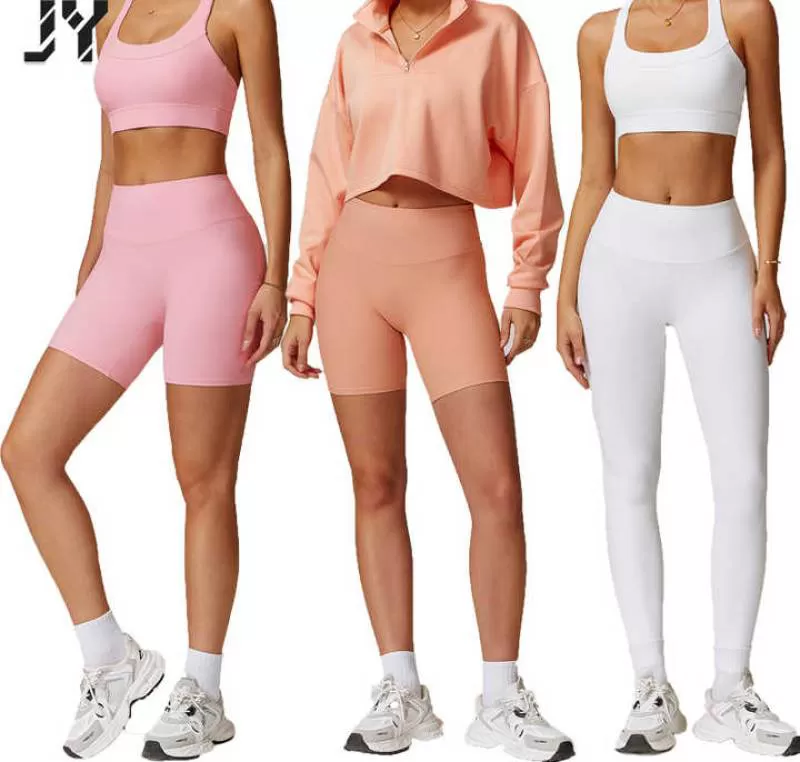 Joyyoung Wholesale Women's Gym Fitness Suit 4-Piece Long Sleeve Jacket Workout Leggings Sports Bras Top Sportswear Set
