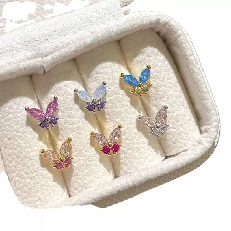 Butterfly Stud Earrings for Women 925 Sterling Silver Gold Plated Rhinestone Butterfly Flat Back Stud Hypoallergenic Earrings