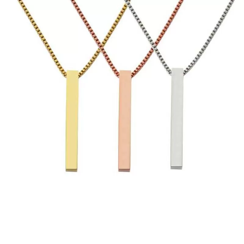 Customize Logo Bar Pendant Vertical Cuboid Stick Pendant Chain Necklace Cool Stainless Steel Pendant Necklace for Men Women