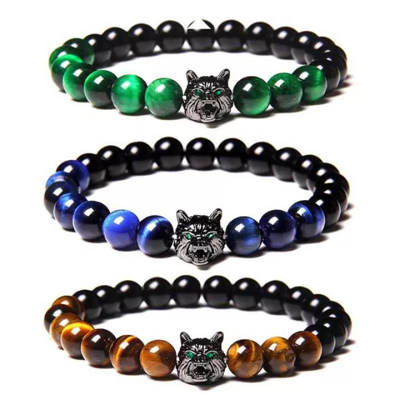 Hot Selling Unisex Micro-Inset Zircon Beaded Bracelet Wolf and Tiger Eye Black Stone Round Beads Religious Style for Parties