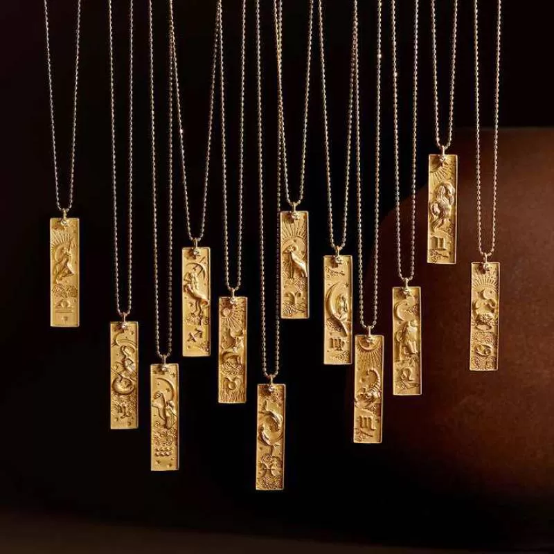 New Zodiac Zircon Gold Necklace Waterproof 18K Gold Plated Stainless Steel Embossed Women's Pendant Necklace