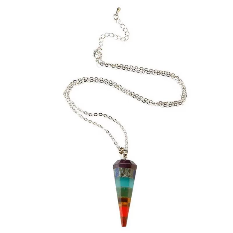 7 Chakra Energy Crystal Healing Cone Charm Necklace Gemstone Natural Stone Pendulum Pendant Stainless Steel Link Chain Necklace